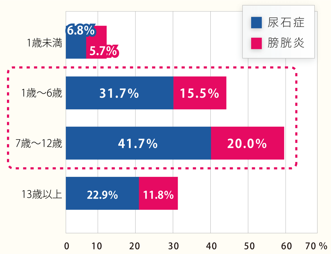 「下部尿路疾患（尿石症・膀胱炎）」は若い年齢からかかりやすい。