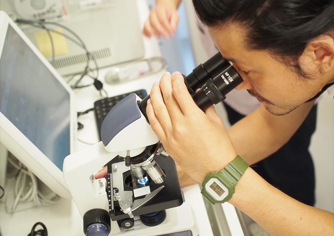 山本宗伸先生が顕微鏡で観察している様子